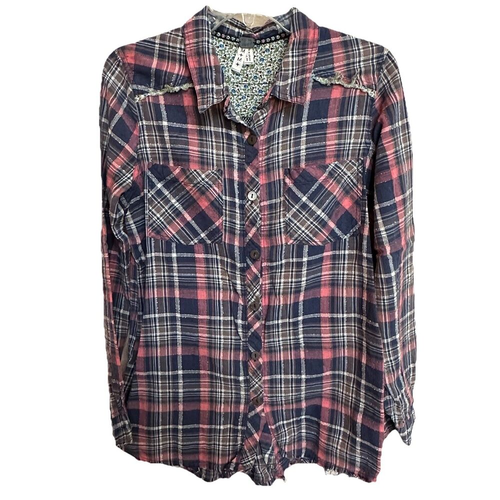 We The‎ Free Women Med Multi-color Lg Sleeve Button Front&Back Plaid Raw Edge